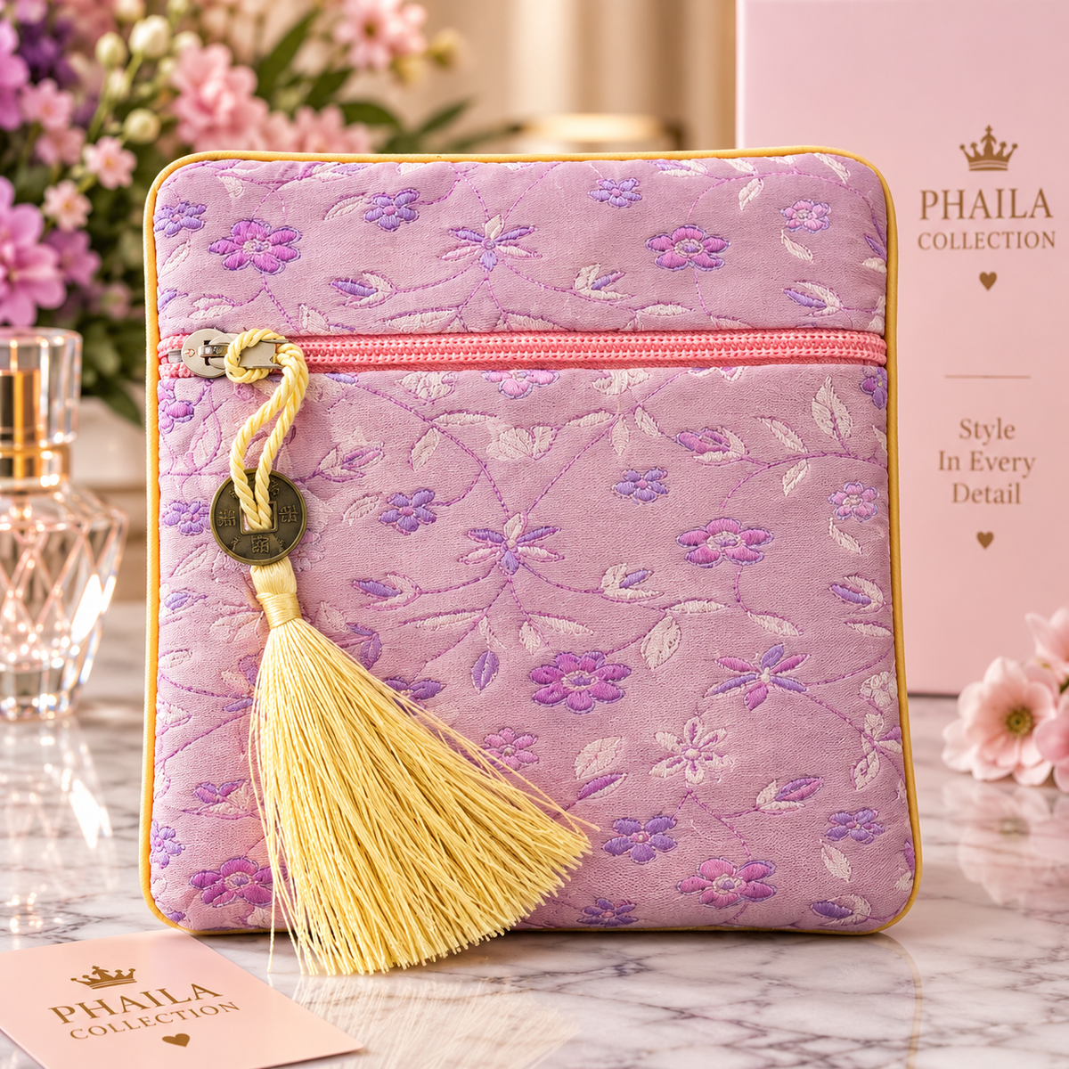 Phaila Collection Floral Tassel Pouch-Light Purple/Pink