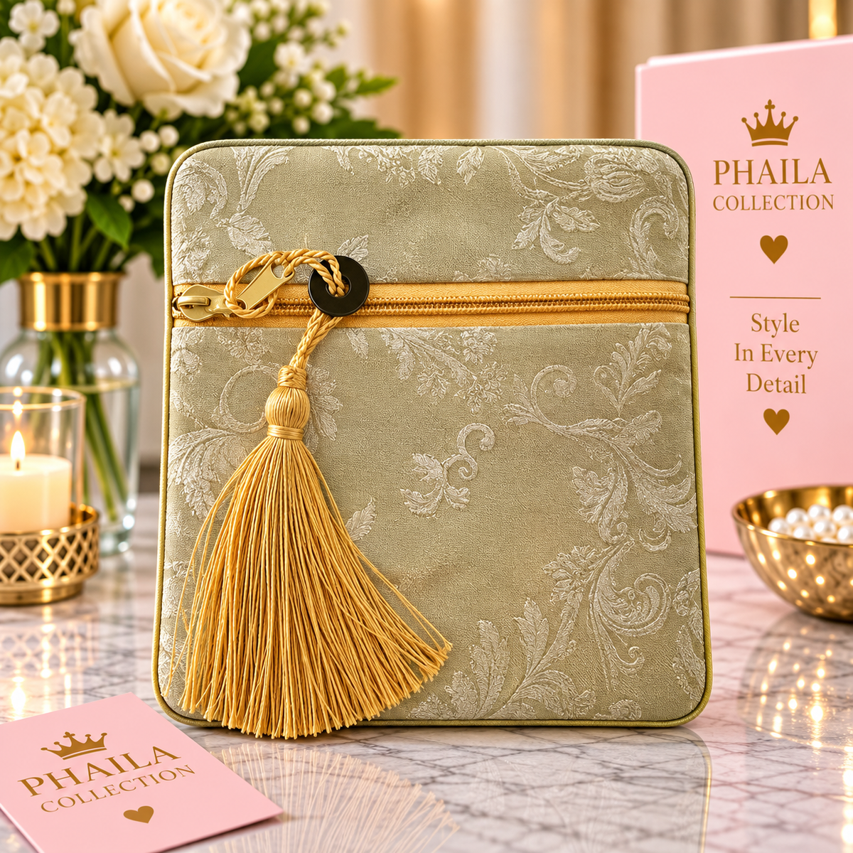 Phaila Collection Elegant Gold Floral Tassel Pouch