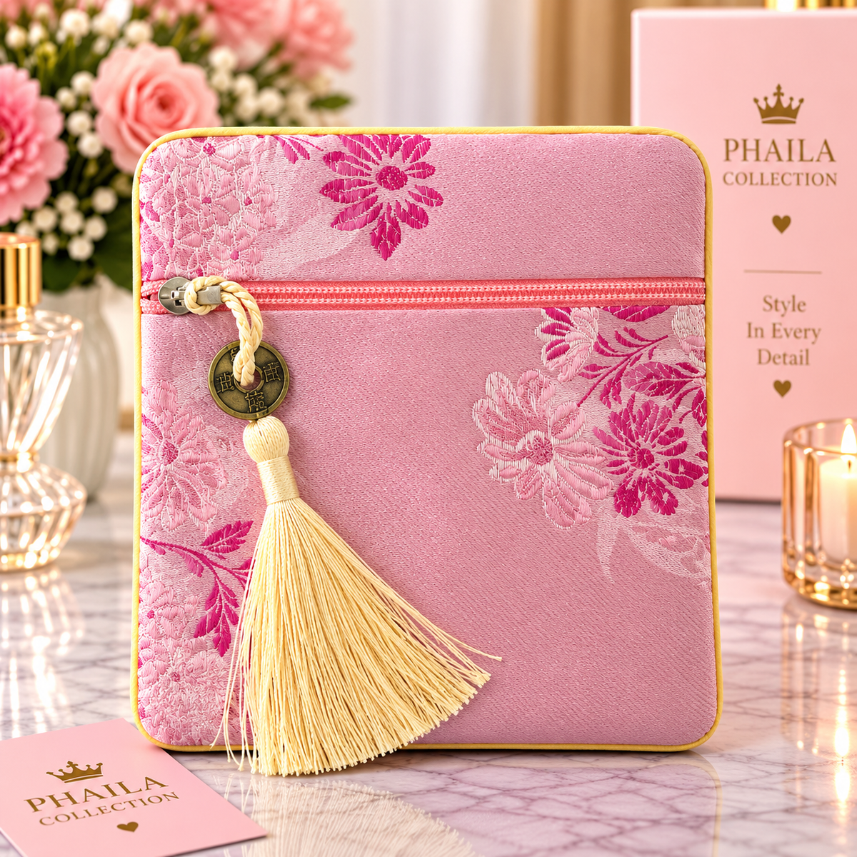 Phaila Collection Pink Floral Tassel Pouch