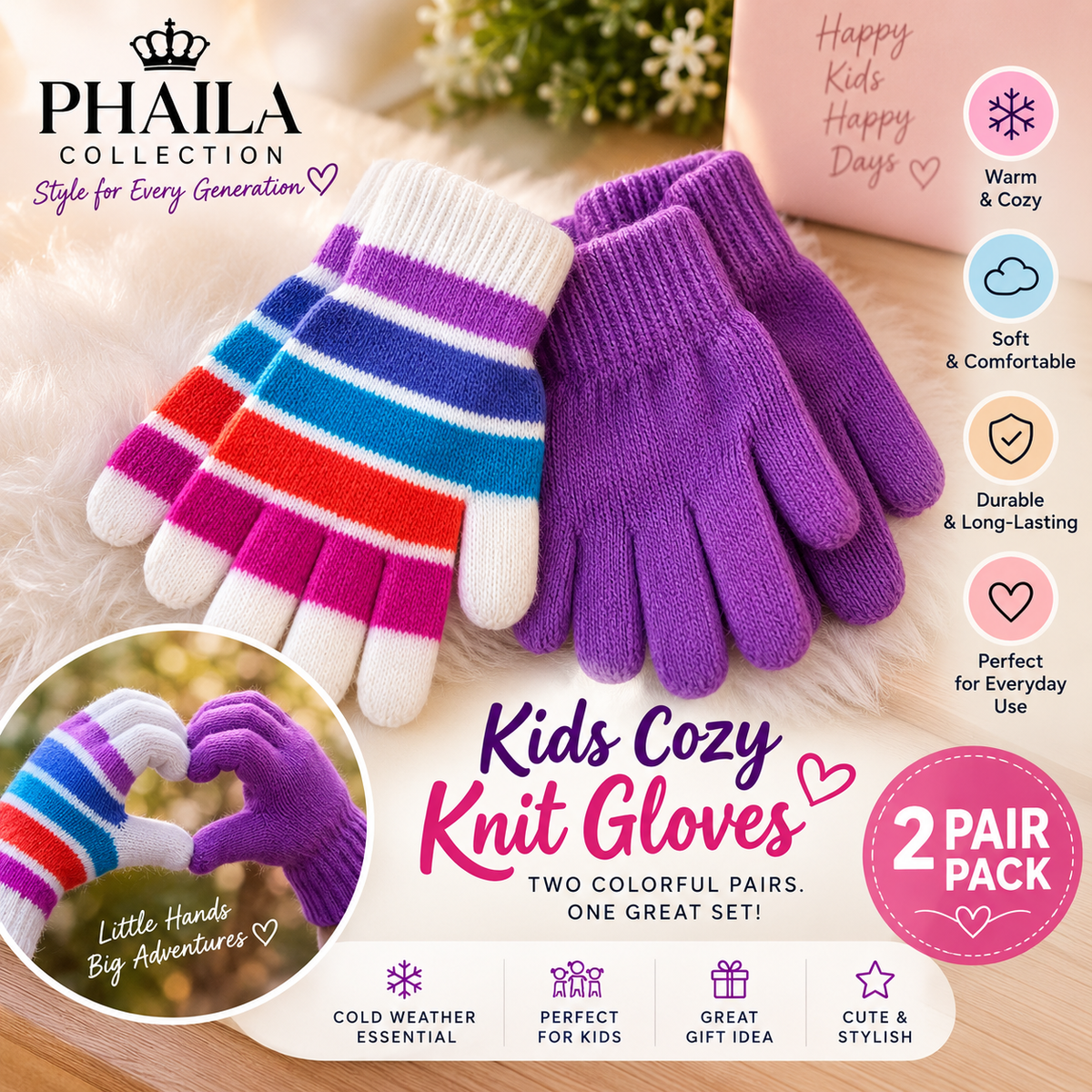 Phaila Collection Kids Colorful Knit Gloves-2 Pair Pack