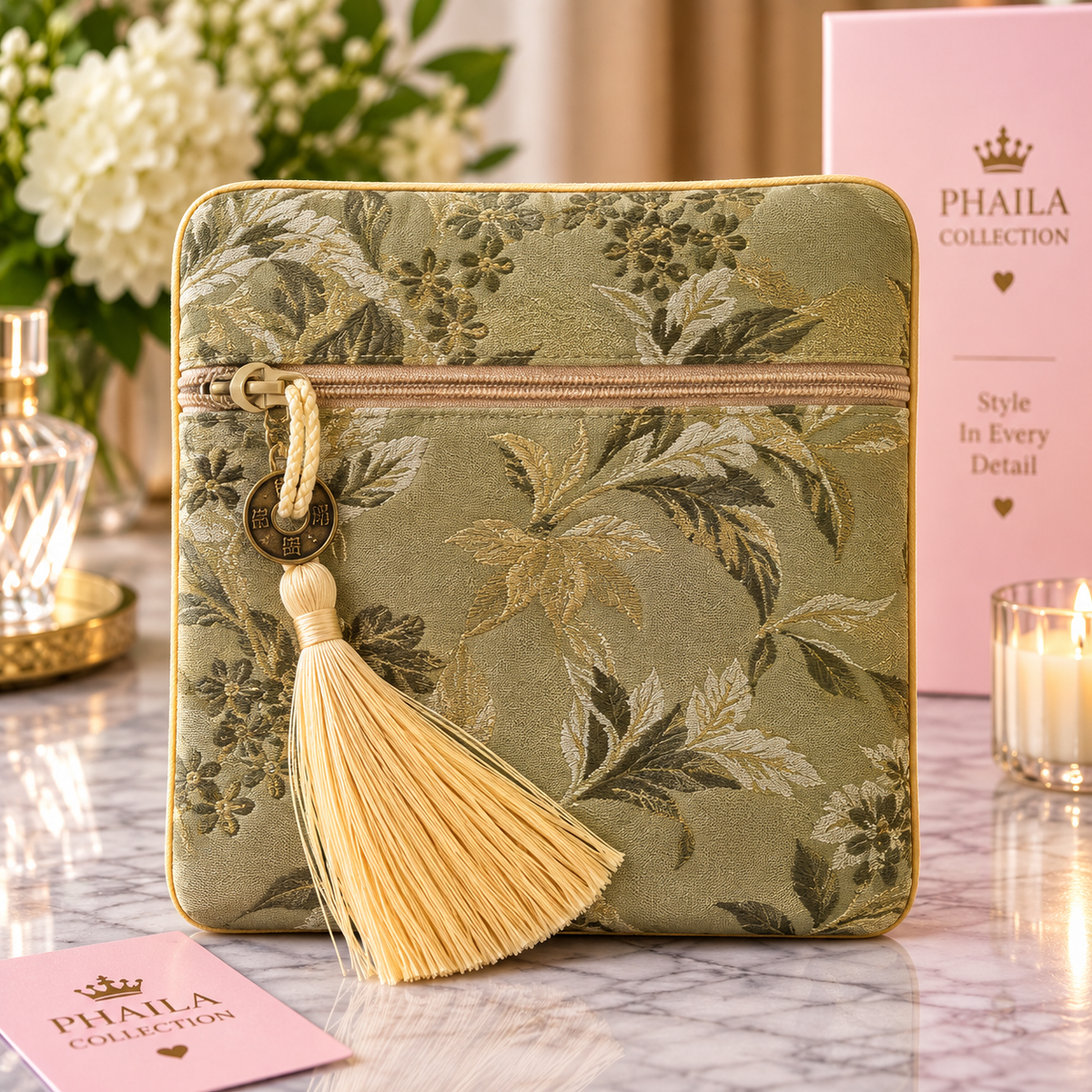 Phaila Collection Green Floral Tassel Pouch