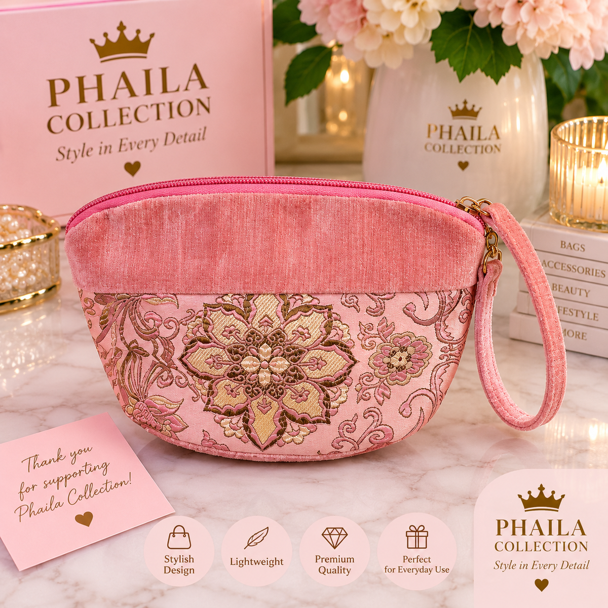 Phaila Collection Pink Floral Wristlet Pouch