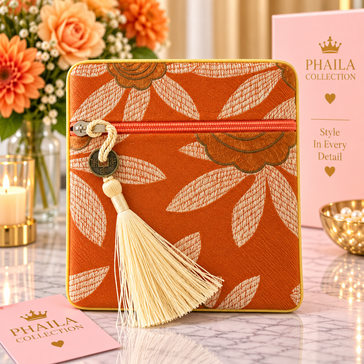 Phaila Collection Orange Floral Tassel Pouch