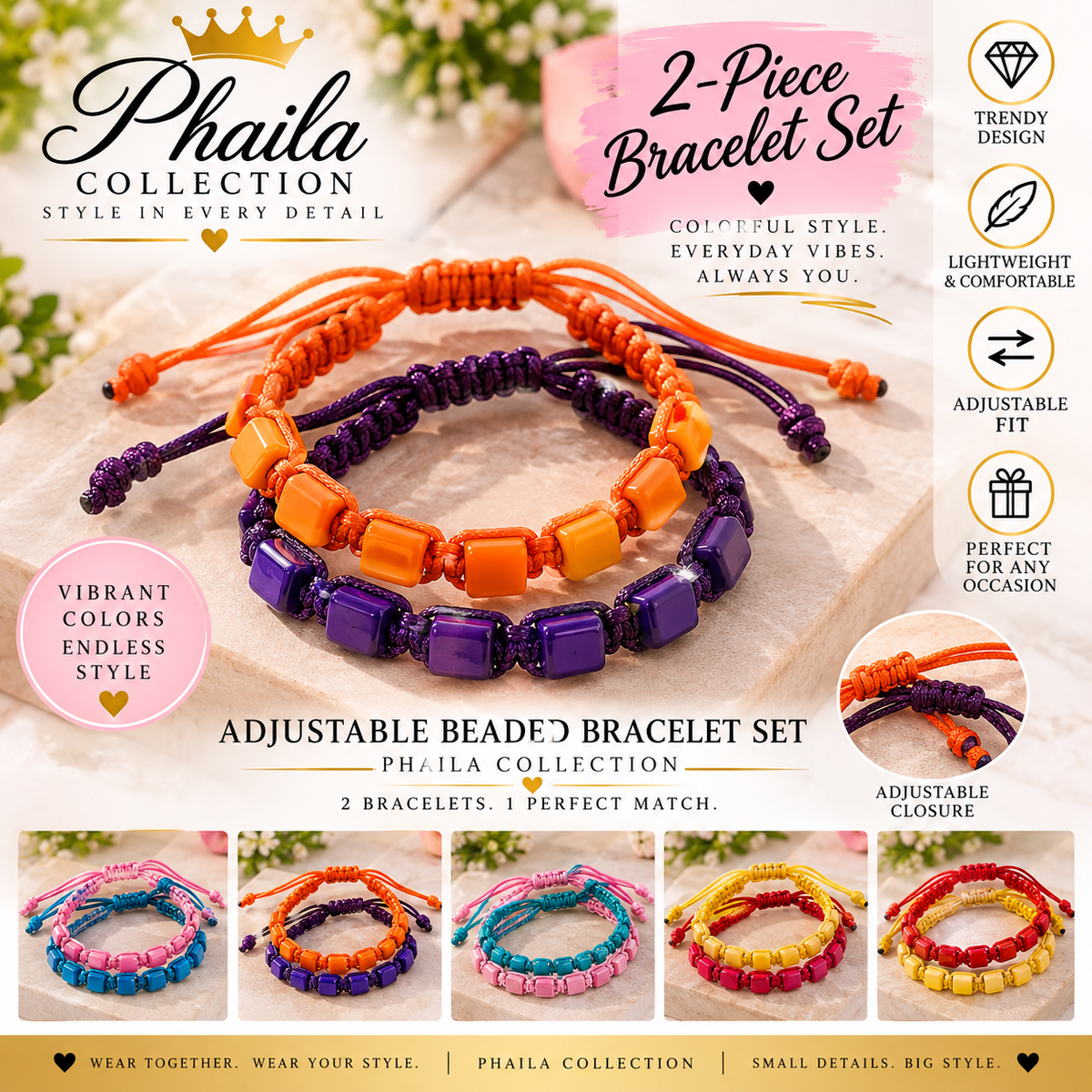 2-Piece Adjustable Beaded Bracelet Set-Phaila Collection