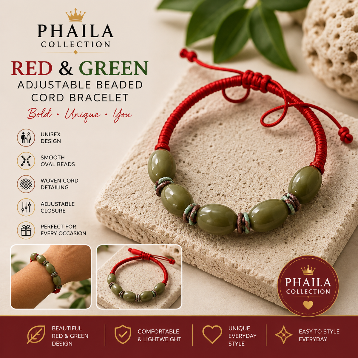 Unisex Red & Green Adjustable Beaded Cord Bracelet-Phaila Collection