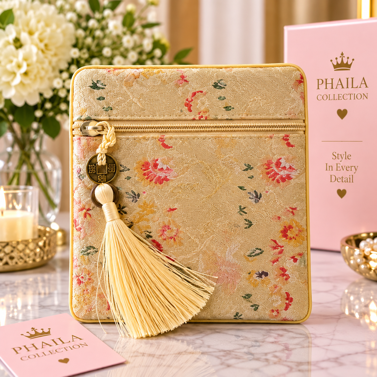 Phaila Collection Gold/Beige Multicolor Floral Tassel Pouch