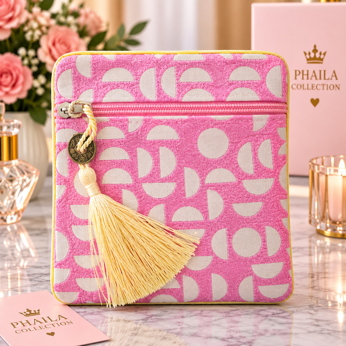 Phaila Collection Pink Pattern Tassel Pouch
