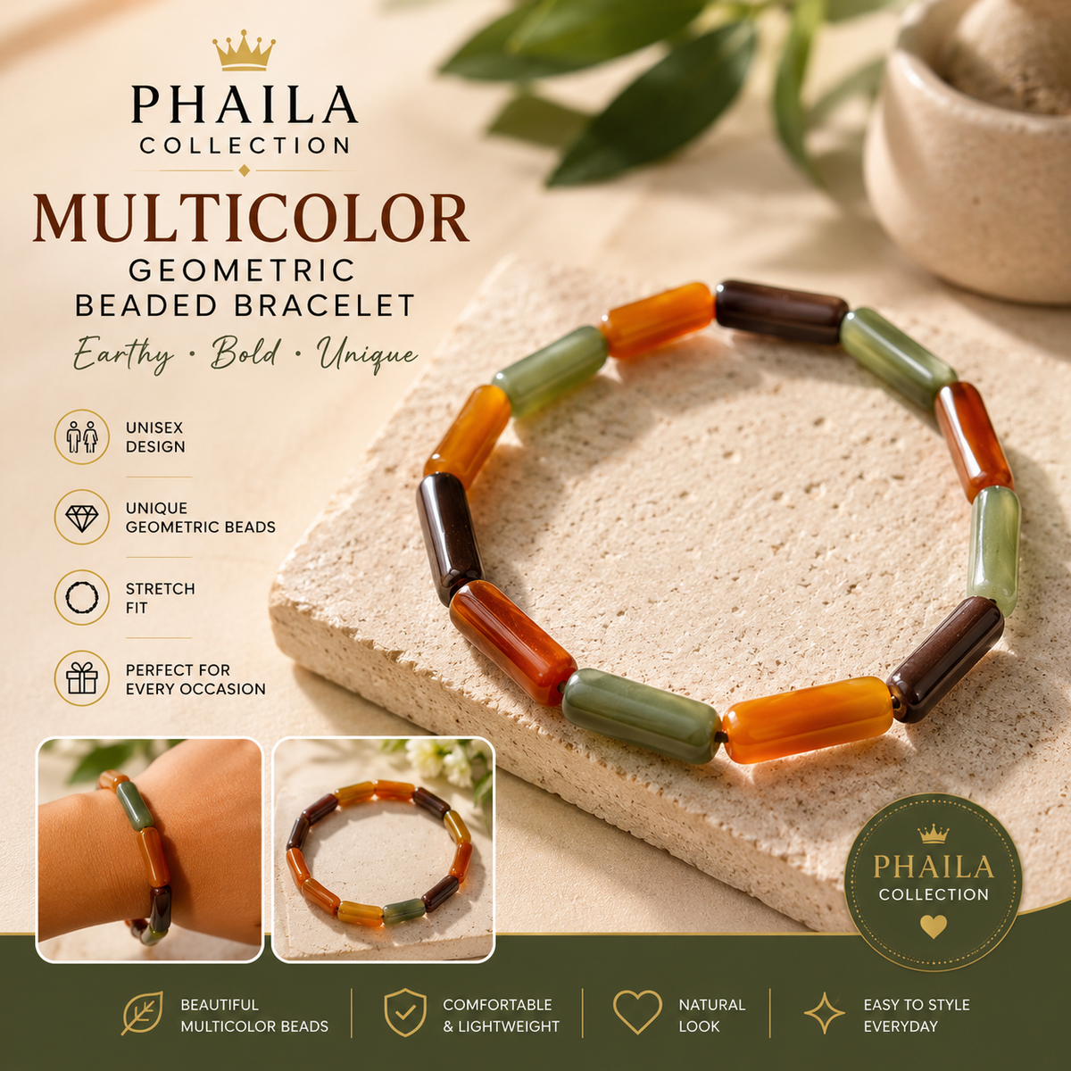 Unisex Multicolor Rectangle Beaded Bracelet-Phaila Collection