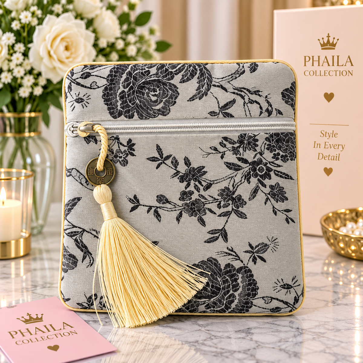 Phaila Collection Gray Floral Tassel Pouch
