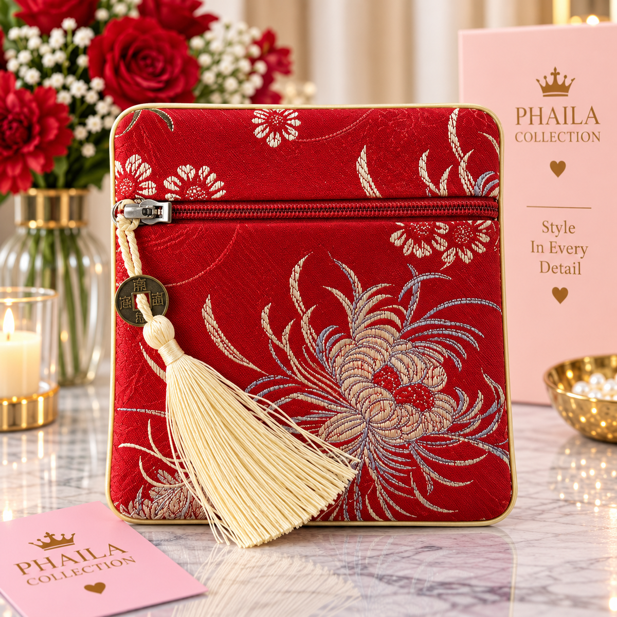 Phaila Collection Red Floral Tassel Pouch