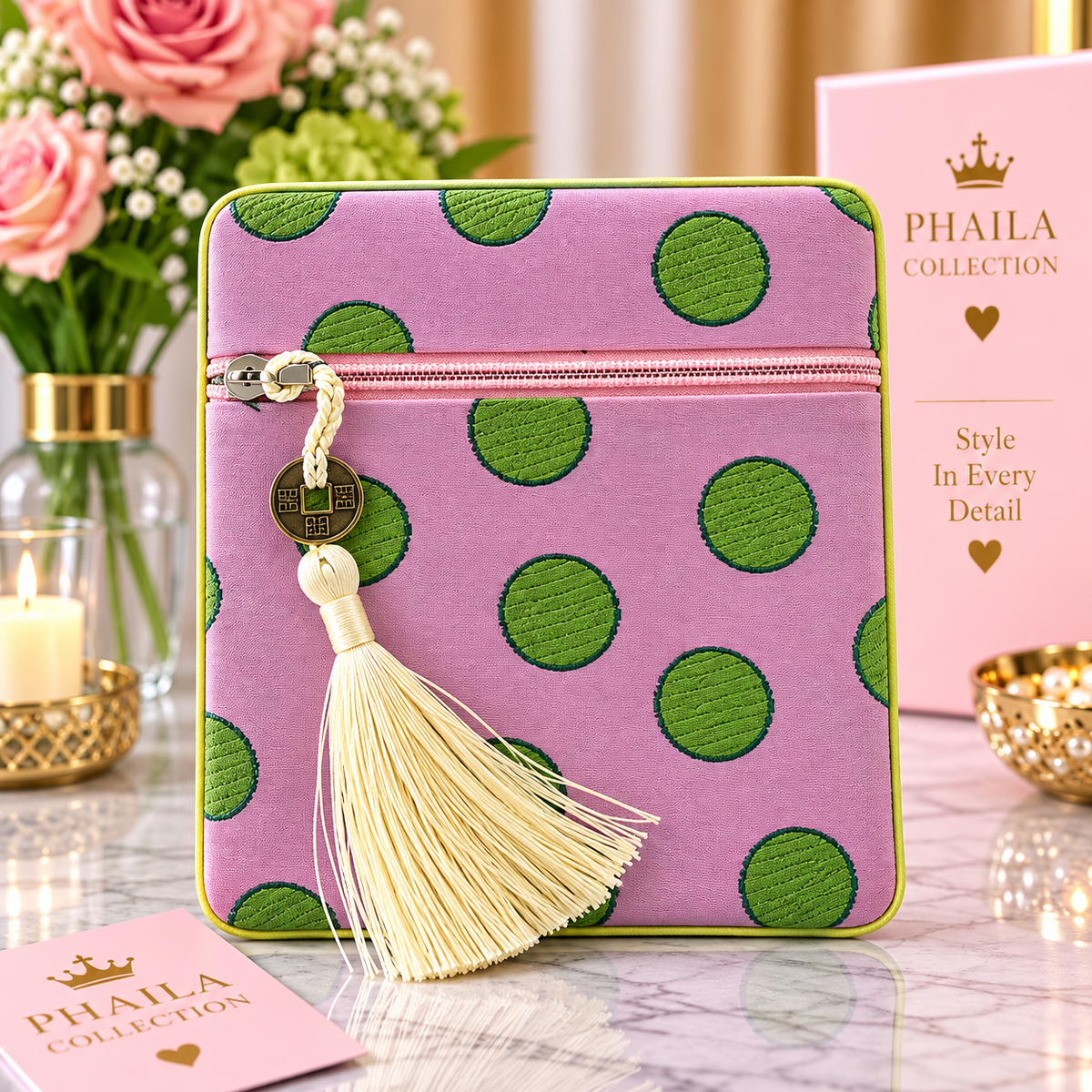 Phaila Collection Pink & Green Polka Dot Tassel Pouch