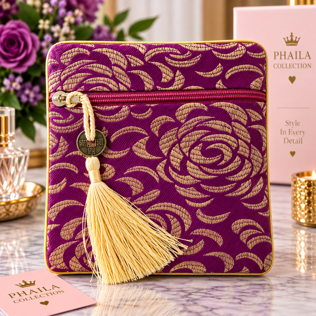 Phaila Collection Dark Purple Floral Tassel Pouch