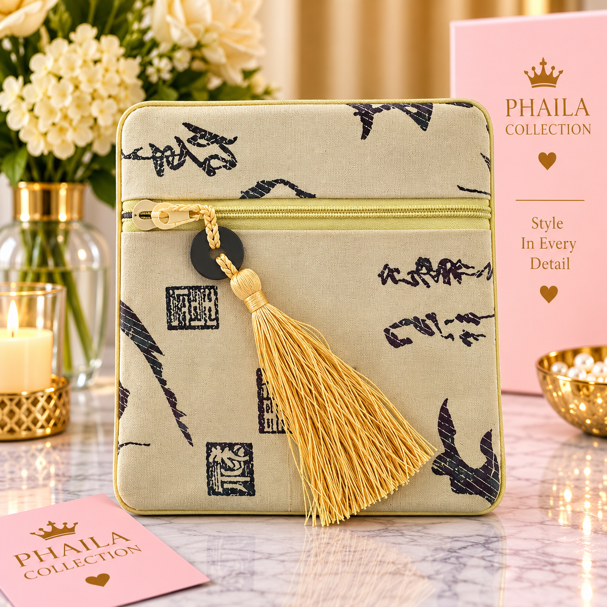 Phaila Collection Cream Printed Tassel Pouch